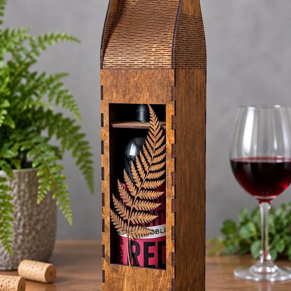 Wooden Wine Bottle Gift Box - Fern Design - Handmade Bottle Carrier