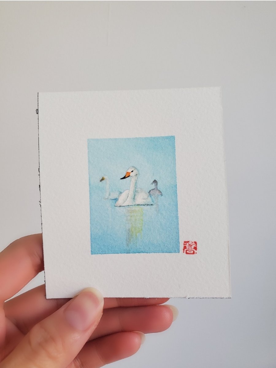 Swan in sea - original watercolor