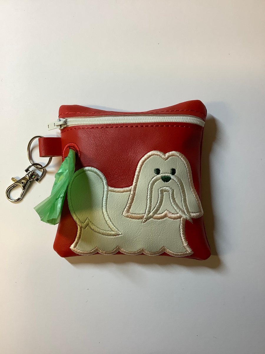 Embroidered Lhasa Apso Red faux leather dog poo bag ,dog 