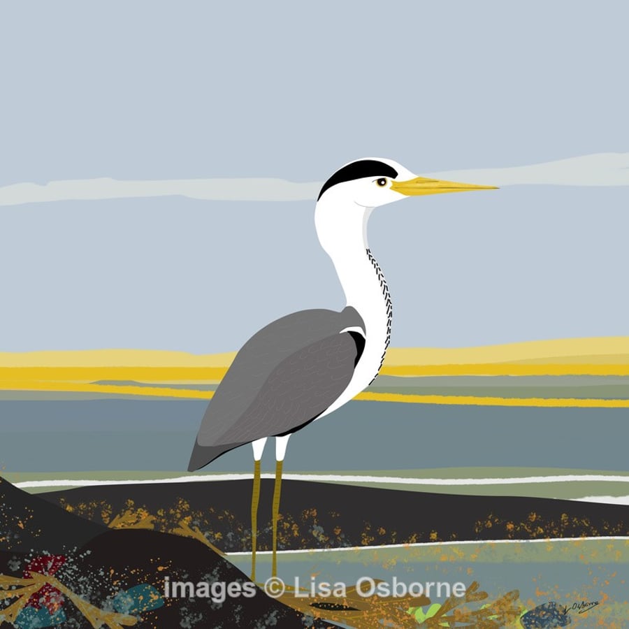 Heron - print from digital illustration of heron by the coast.