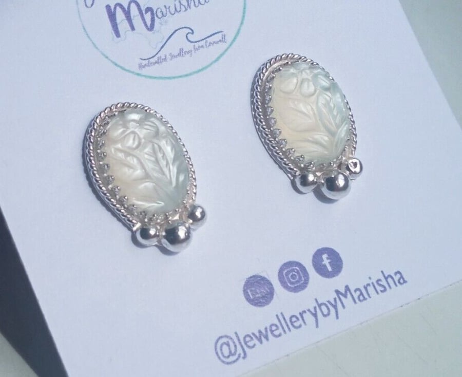 White Moonstone Earrings Sterling Silver Jewellery Gift Oval Mughal Carving