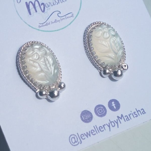 White Moonstone Earrings Sterling Silver Jewellery Gift Oval Mughal Carving