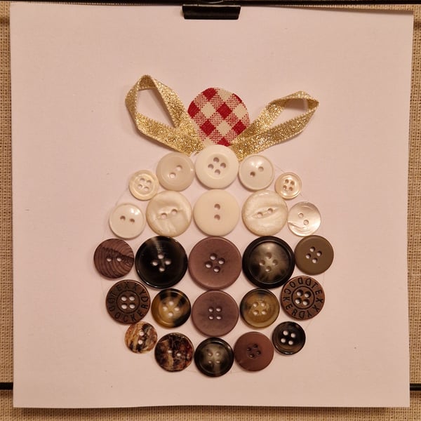 Christmas Pudding button Christmas card with gold bow