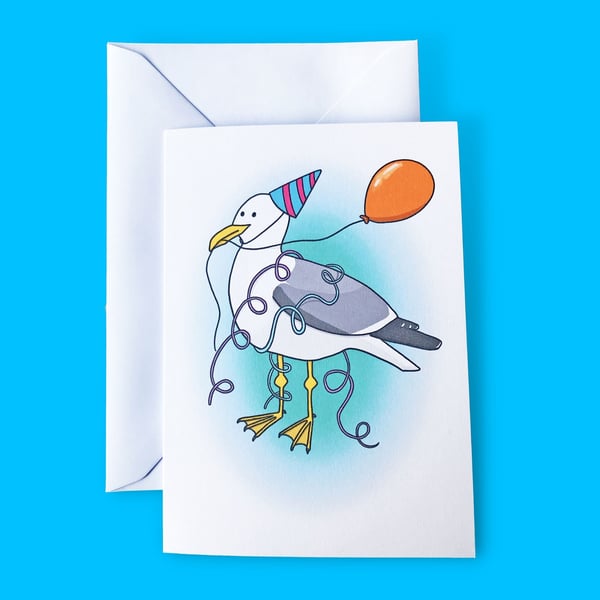 Seagull Birthday Balloon and Streamers Illustration A6 Card