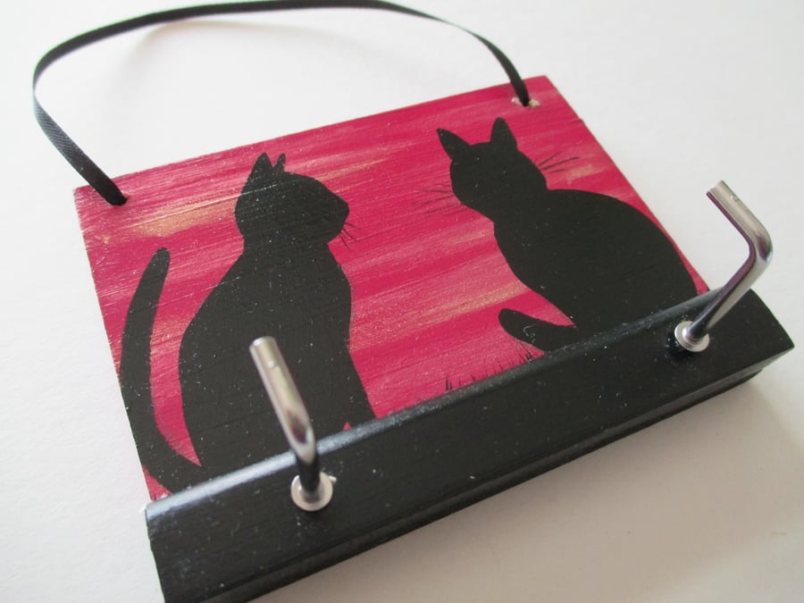 Key Rack Pussy Cat Original Painted Key Holder with 2 Hooks Cerise and Gold