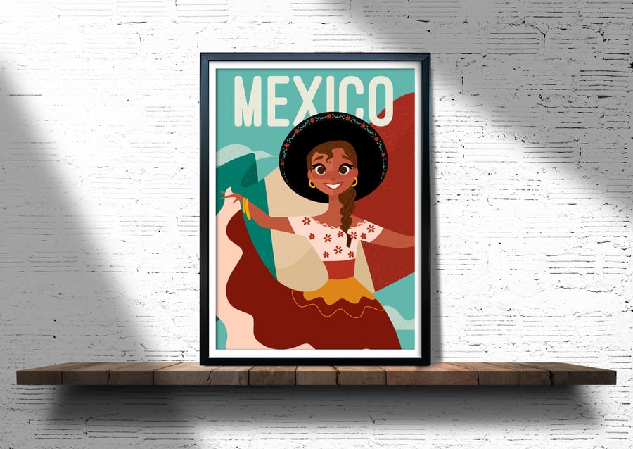Mexico retro travel poster, Mexican senora print, Mexican girl travel print