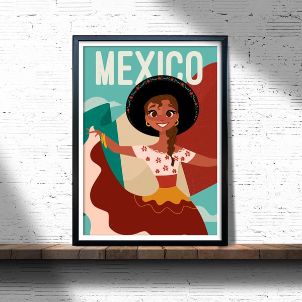 Mexico retro travel poster, Mexican senora print, Mexican girl travel print