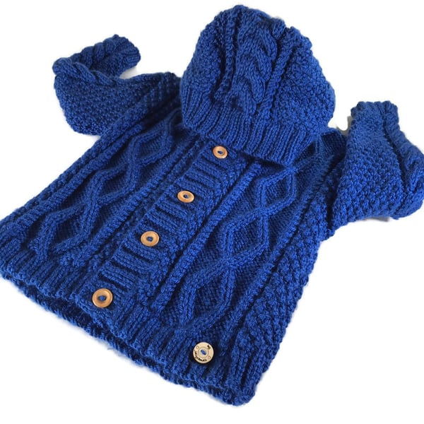 Hand knitted Boy's Aran Hooded Cardigan aged 2 - 3 years in Royal Blue