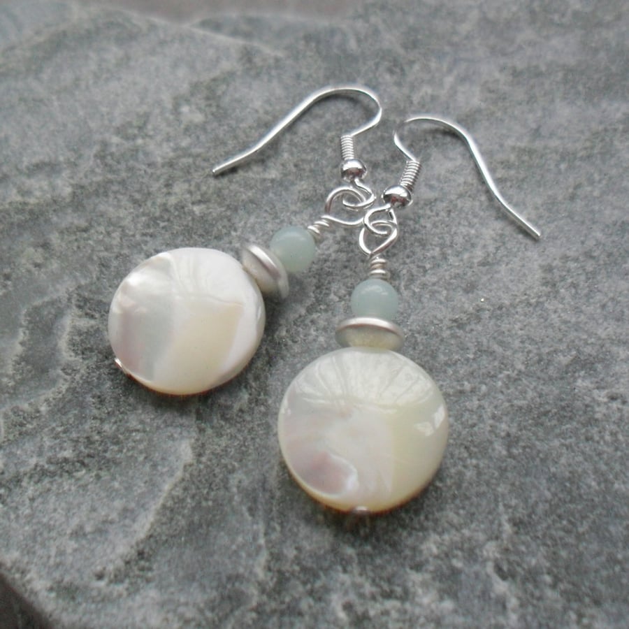 Mother Of Pearl And Amazonite Silver Plated  Shell Earrings