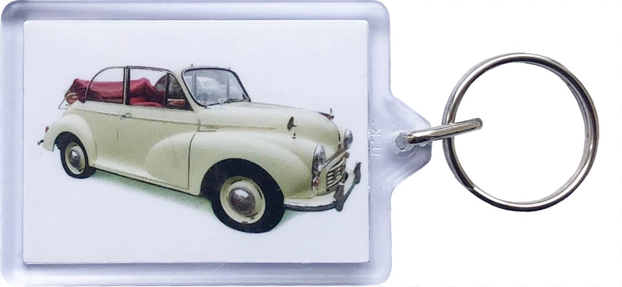 Morris Minor Convertible 1965 (Cream) - Keyring with 50x35mm Insert - Car Fan