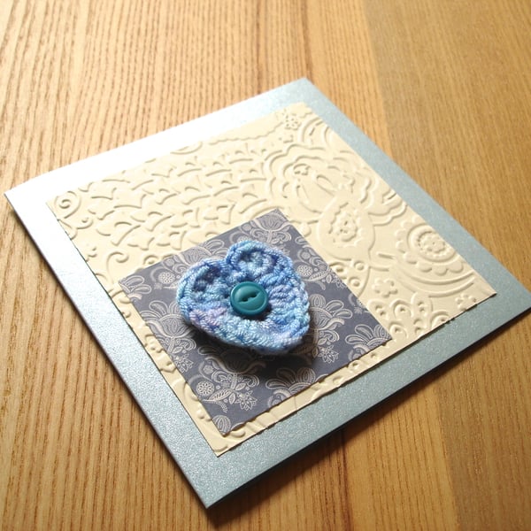Cream and Blue Crochet Heart Greetings Card