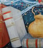 Robin perched on a teapot amongst books original art - Image 3