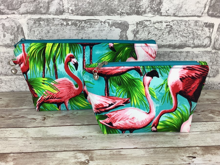 Flamingos Zip case, Makeup bag, Fabric, Handmade, 2 size options