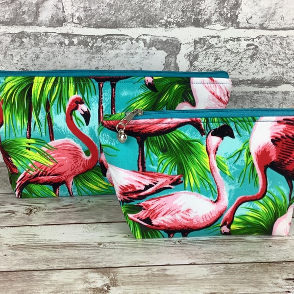 Flamingos Zip case, Makeup bag, Fabric, Handmade, 2 size options