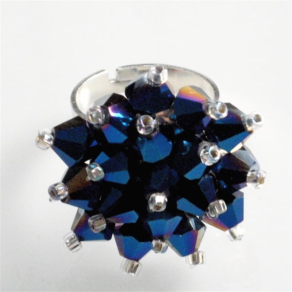 Metallic Blue Crystal Bead Bling Ring - UK Free Post