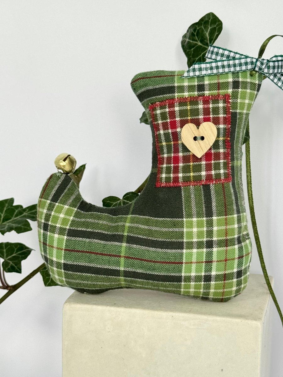 GREEN TARTAN CHRISTMAS ELF STOCKING DECORATION