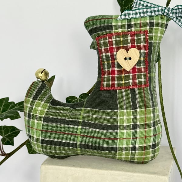 GREEN TARTAN CHRISTMAS ELF STOCKING DECORATION