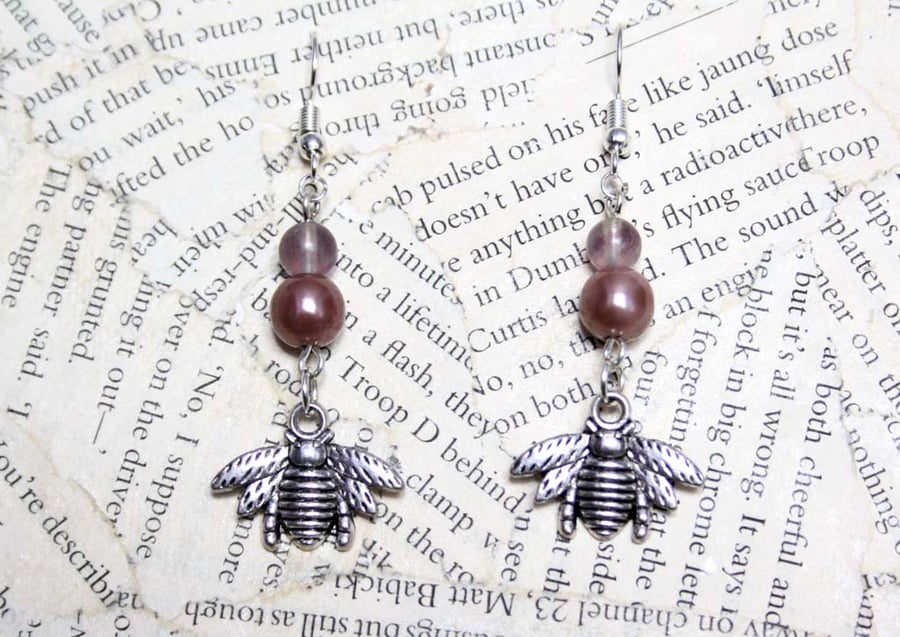 Silver Bee Charm Pink Bead Dangle Hook Earrings