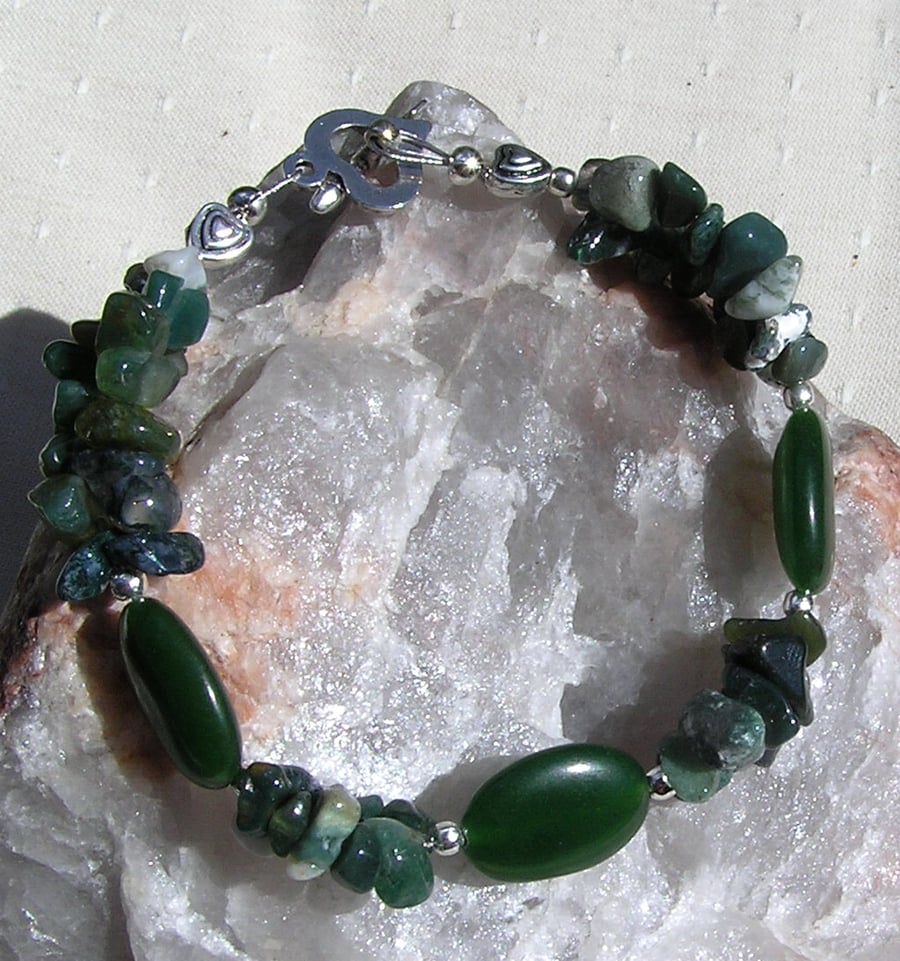 Green Nephrite Jade & Green Moss Agate Gemstone Crystal Bracelet "Mossy Dew"