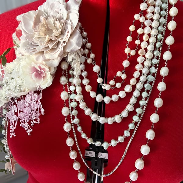 Bridal Statement 6 Row Pearl Necklace with Flower Corsage