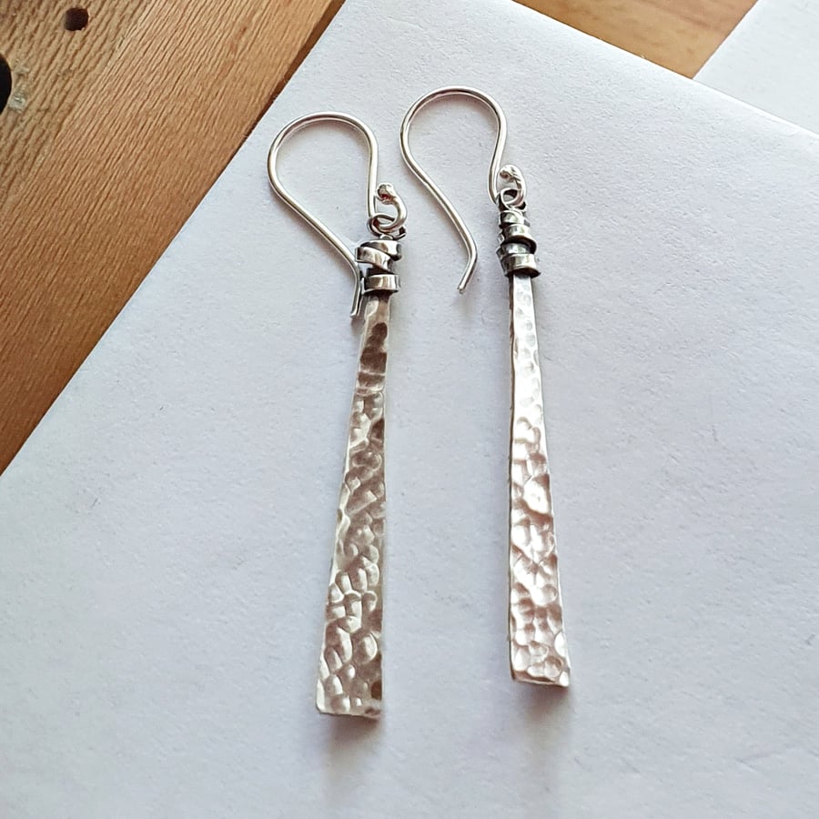 Long rustic earrings - long slender drop in recycled sterling silver