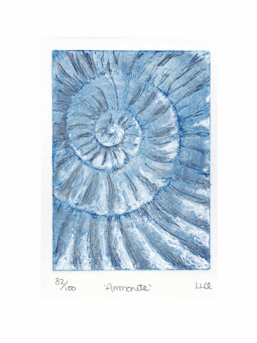 Etching no.82 of an ammonite fossil with mixed media in an edition of 100
