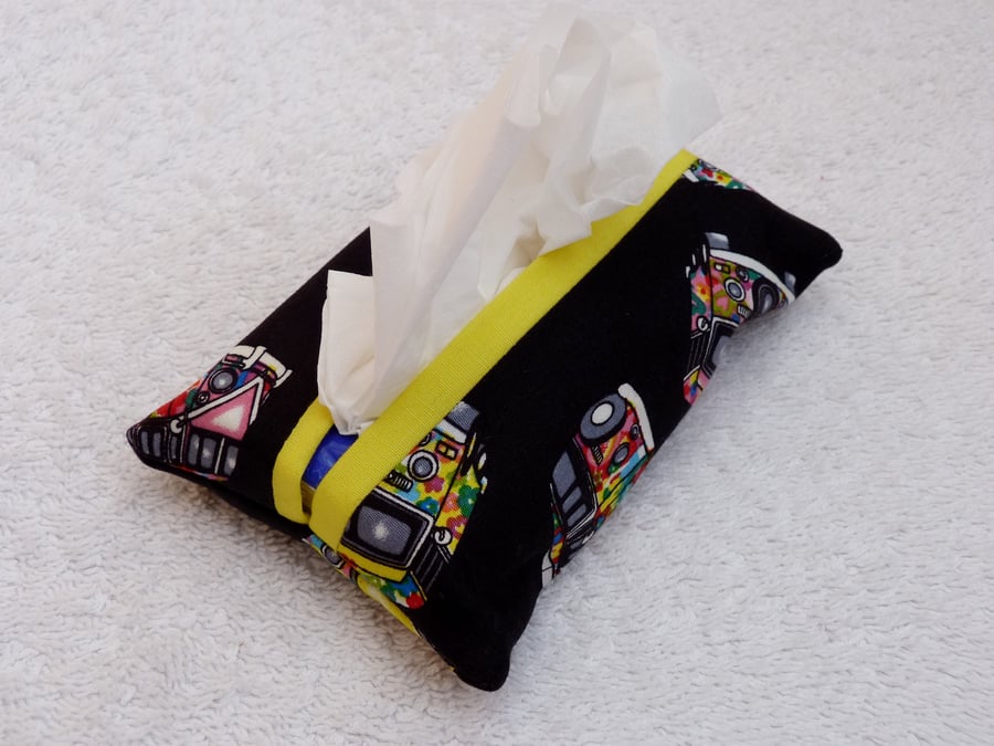 Travel Tissue Holder in Black VW camper  Print Cotton Fabric. Yellow  Trim.