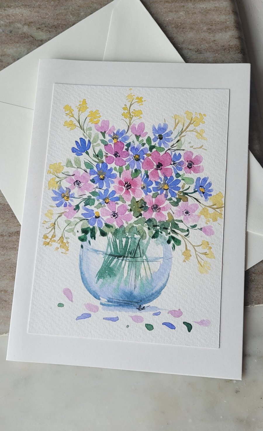 Original watercolor greeting card, summer fowers, special occasion, Unique