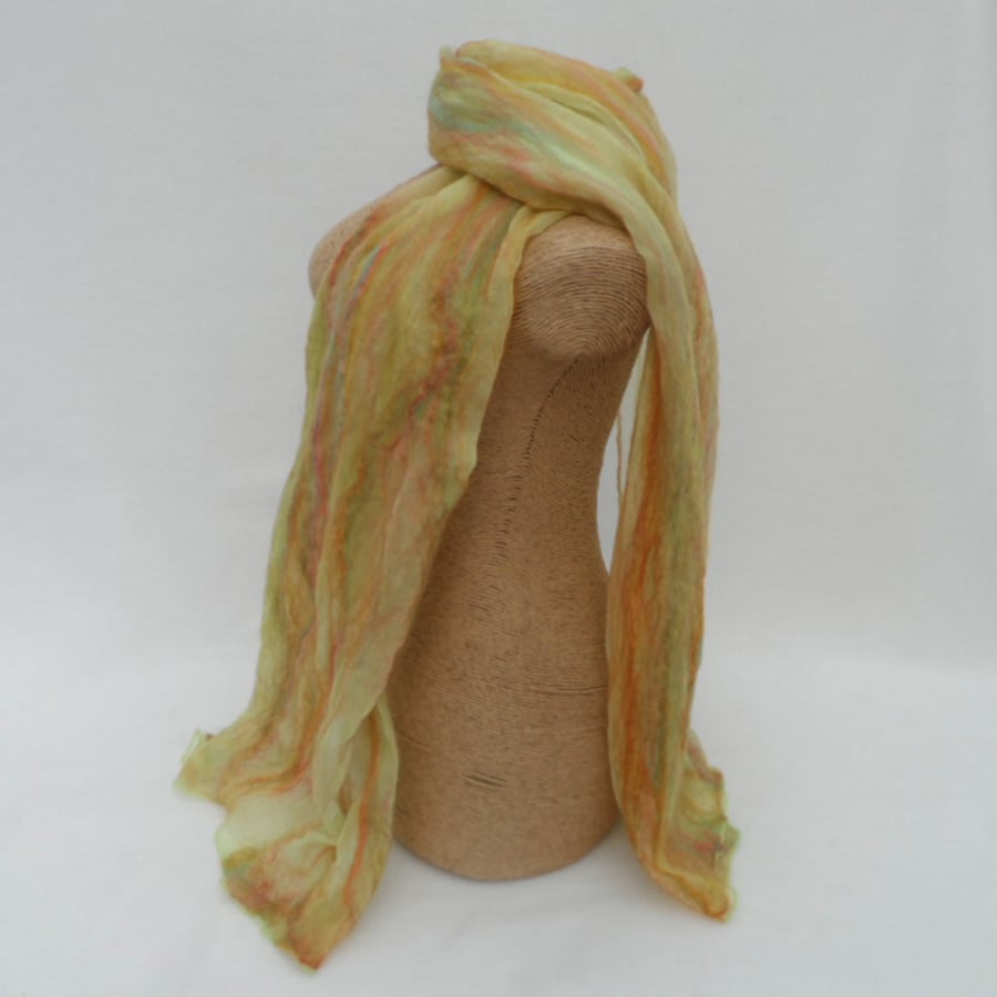 Scarf, cobweb nuno felted, summer pastels, green