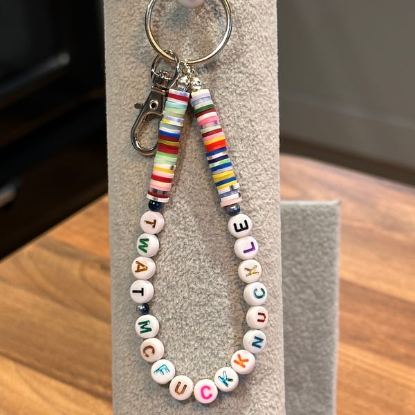Unique Handmade keychain with heishi beads - wordy twat mcfuckknuckle