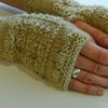 Fingerless Gloves Mittens Wrist Warmers in Sand Aran Wool