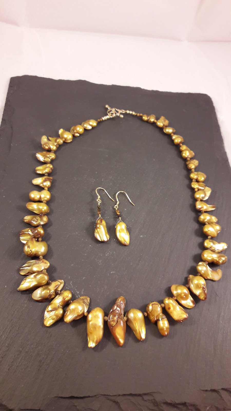 Old Gold Fancy Pearl and Tigers Eye  Necklace and Earrings Set