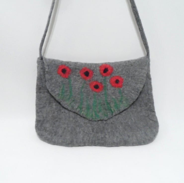 Grey hand felted bag with poppy design - Folksy