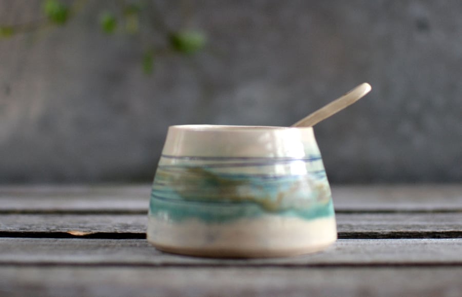 Seascape sugar bowl and spoon - handmade ceramic, decorated in blues and greens