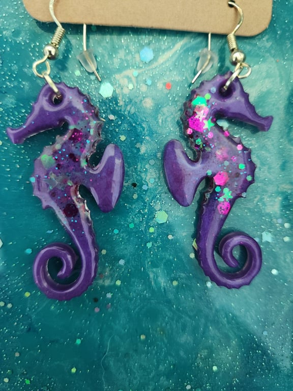 Gorgeous Glittery Seahorse resin earrings with silver plated posts