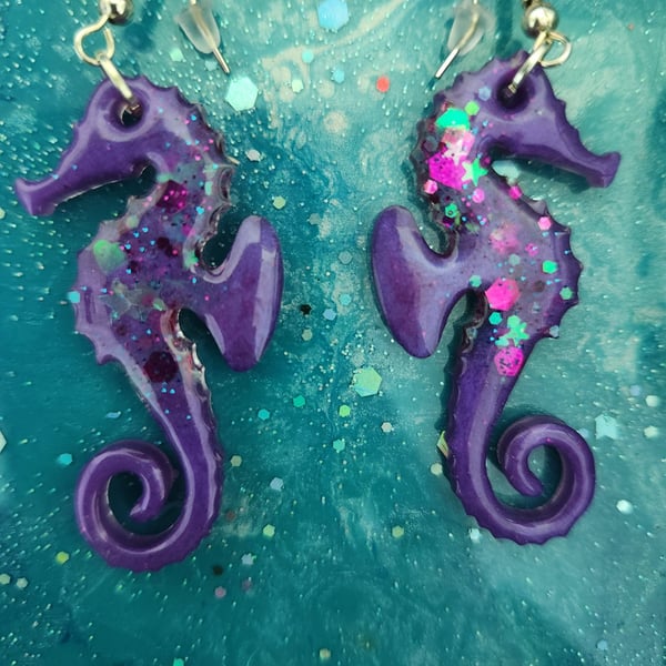 Gorgeous Glittery Seahorse resin earrings with silver plated posts