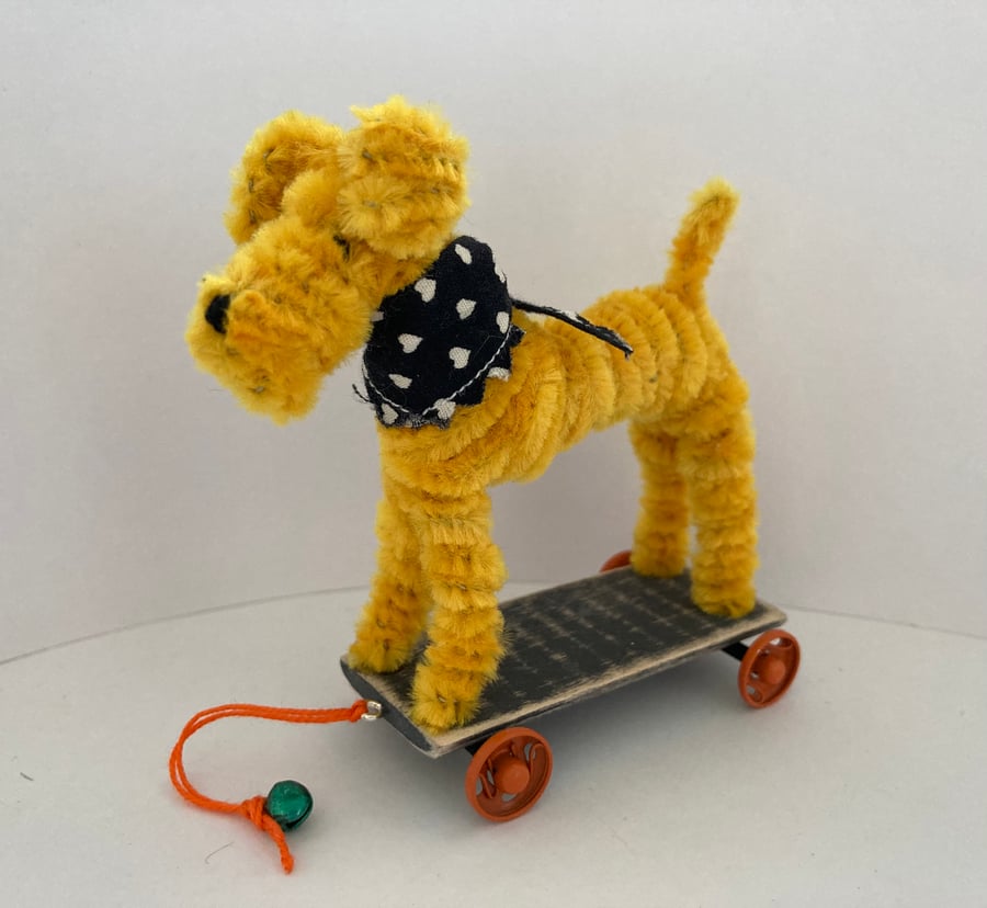 Miniature Handmade Terrier on a Pull Along Trolley with Wheels 