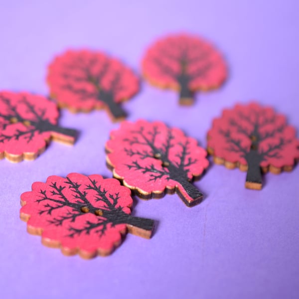 Wooden Tree Buttons Raspberry Hot Pink 6pk 32x24mm Woodland (T9)