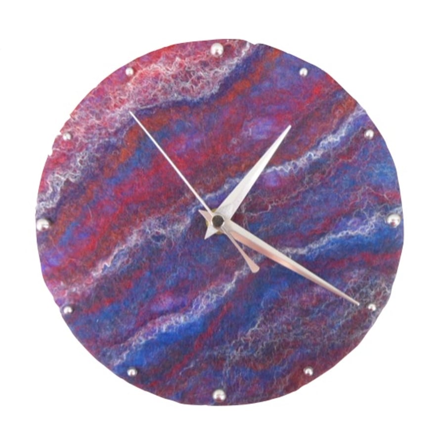 Hand felted 20cm clock in blue and red
