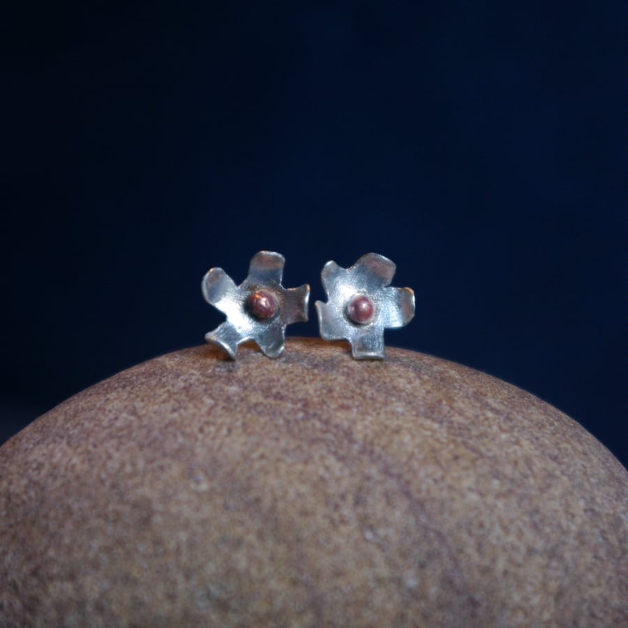 Silver and Copper Flower Stud Earrings