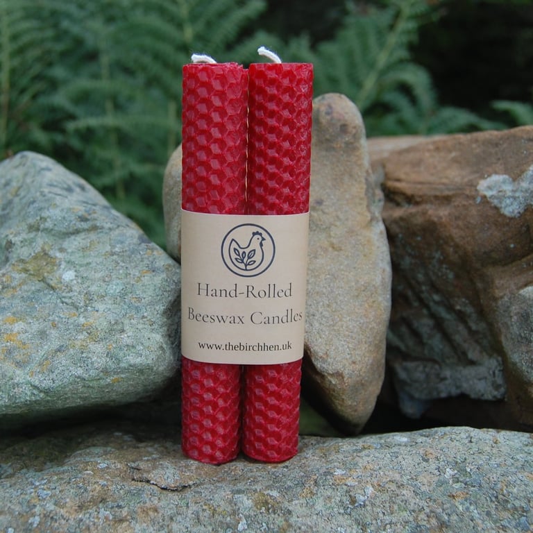 Pair of Hand Rolled Red Beeswax Tapers (15cm)