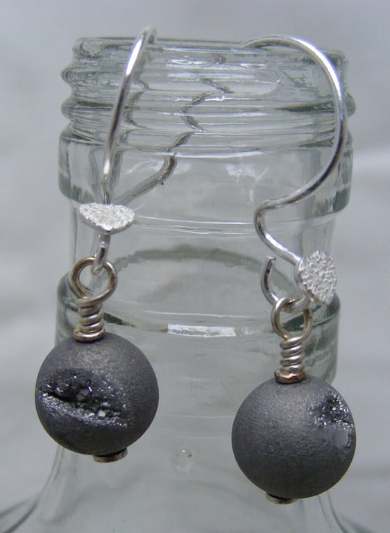 Grey Druzy Agate Gemstone Earrings 