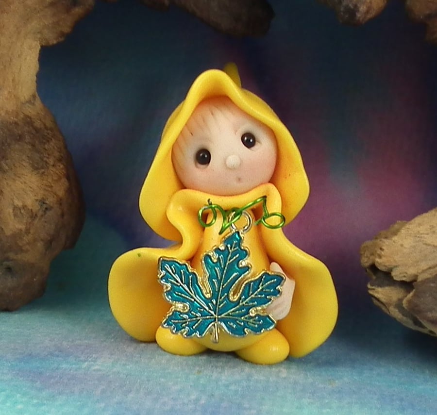 Tiny Garden Gnome 'Saffron' with wired leaf OOAK Sculpt Ann Galvin