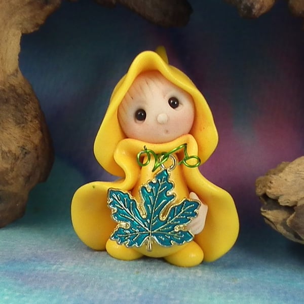 Tiny Garden Gnome 'Saffron' with wired leaf OOAK Sculpt Ann Galvin