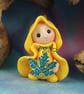 Tiny Garden Gnome 'Saffron' with wired leaf OOAK Sculpt Ann Galvin