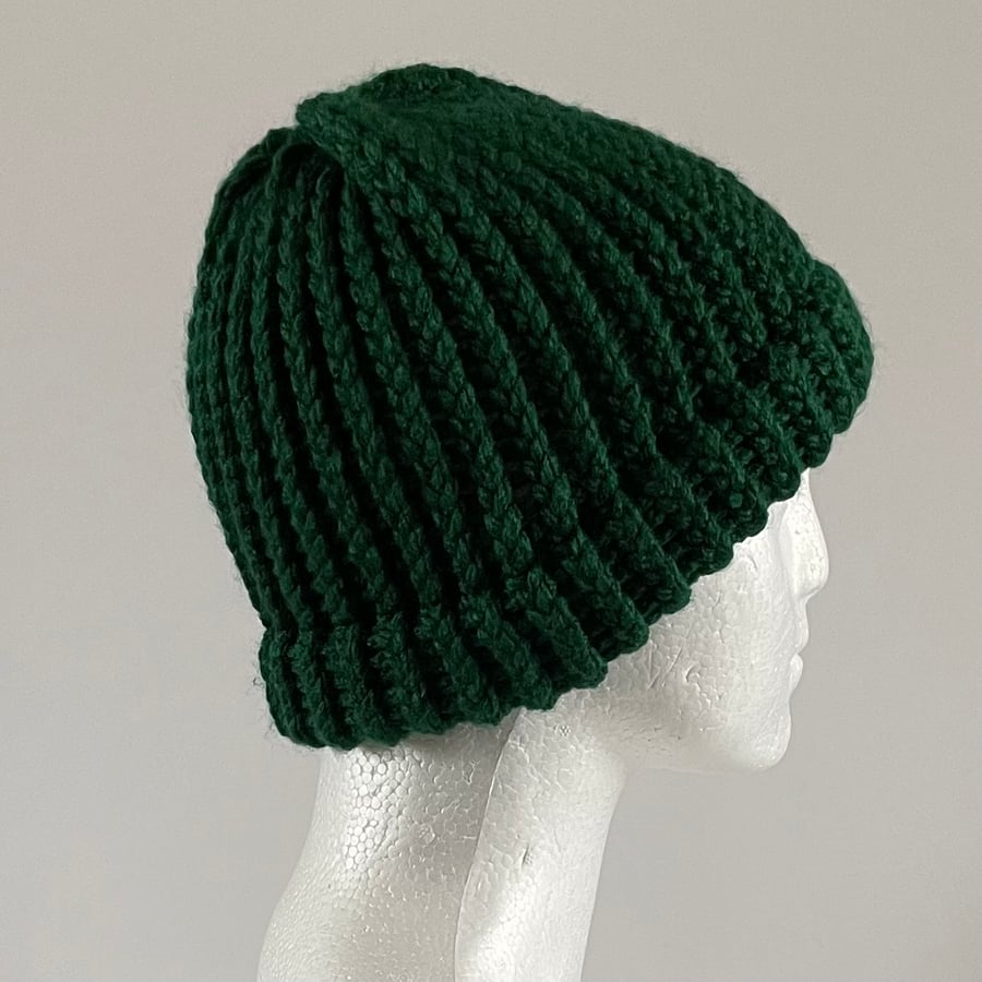 Bottle Green Coloured Chunky Beanie with Fixed Brim, Available in two sizes 