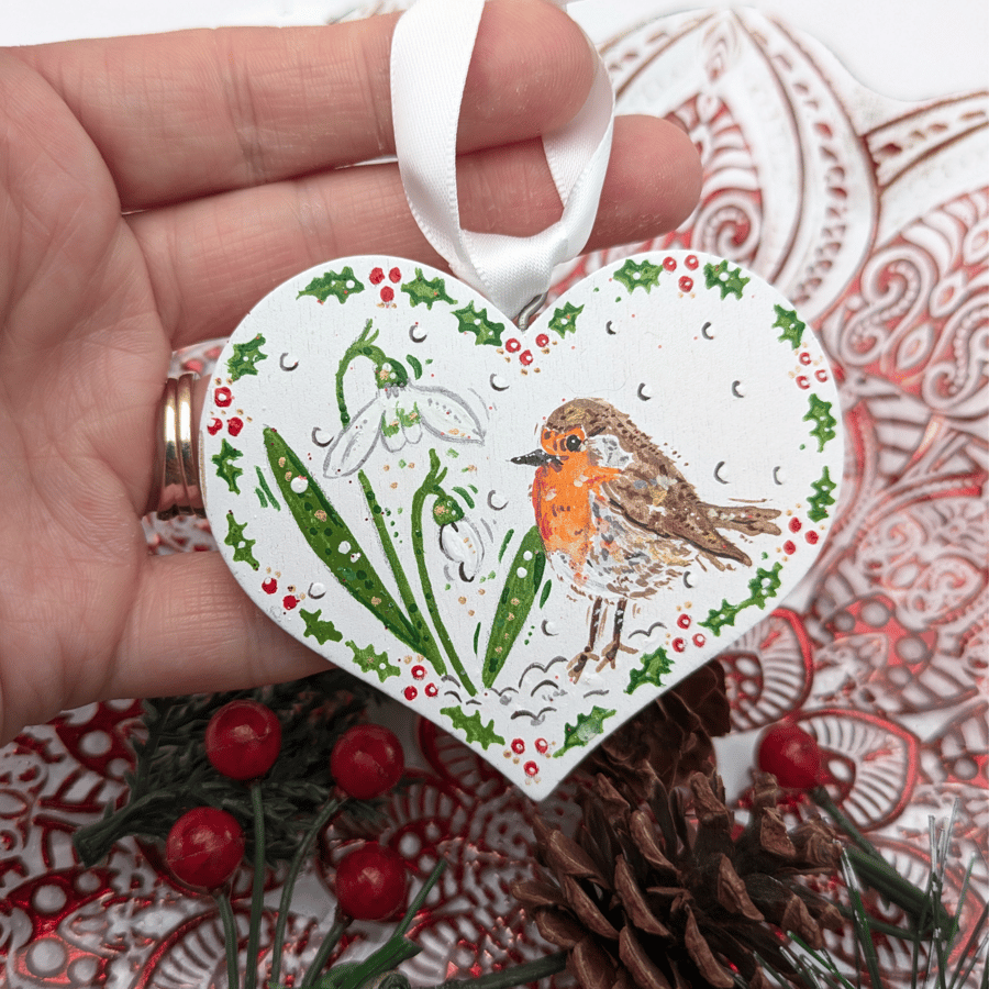 Robin and snowdrop hand-painted Christmas decoration