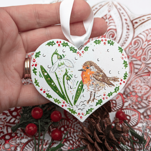 Robin and snowdrop hand-painted Christmas decoration