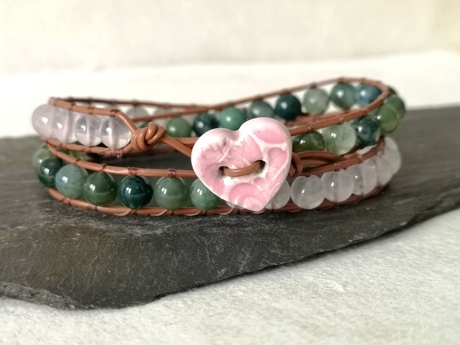 Rose quartz and moss agate double wrap vegan faux leather bracelet 