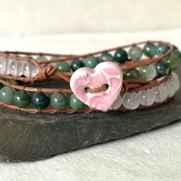 Rose quartz and moss agate double wrap vegan faux leather bracelet 